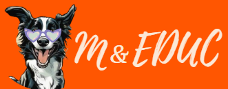 Logo M&Educ : un border collie souriant avec des lunettes à côté du texte M & éduc
